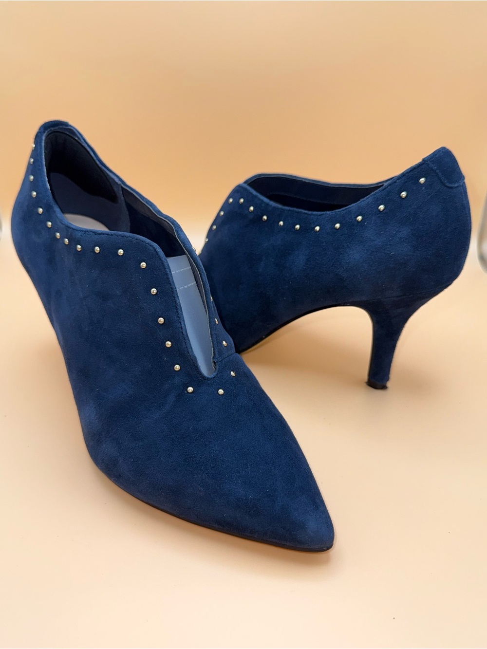 912-Bella Vita Navy Suede Pointed-Toe Studded Kitten Heels